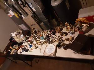 lot 73 image: Contents On Table Top Collectibles, Knitting Basket, Figurines, Vintage Glassware