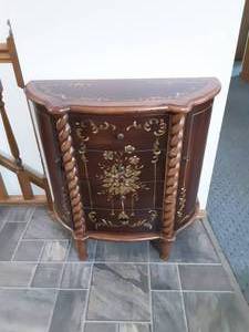 lot 81 image: Fancy Curved Front Cabinet 4-Drawers, 2-Doors 29x12x30 & Oval Wall Mirror 24x18