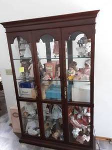 lot 82 image: Lighted 2-Door Glass Doll Display Case  & Collection Of Dolls Many With Original Boxes 78x48x14