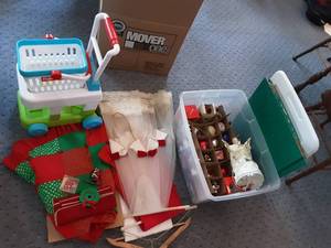 lot 102 image: Large Lot Of Christmas Decor & Baby Shopping Cart Walker