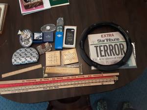 lot 106 image: Cribbage Boards, Clock, 2-Watches (1-Pulsar), Yard Sticks & Misc