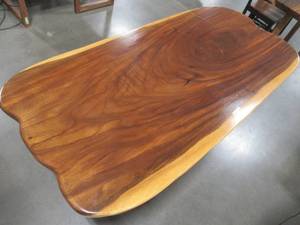 lot 7 image: Large Solid Wood Live Edge Walnut Living RoomVanity Table With Bases. (192602362) Approximate Dimensions 78 in. x 36 in. x 2.5 in. - NO RESERVE