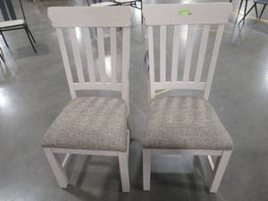 lot 28 image: Intercon Furniture Drake Rustic White Slat Back Side Chairs with Cushion Seat (Set of 2).