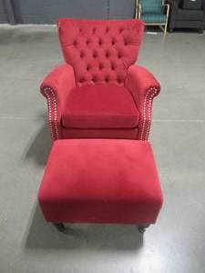 lot 327 image: MargauxCopper Grove Button in Red Velvet Tufted Rolled Arm Chair and Ottoman Set KES1-CU-VBF47