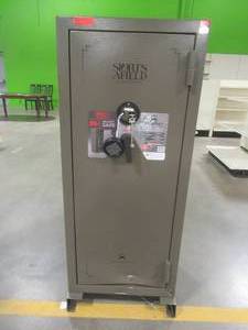 lot 116 image: Sports Afield Journey Series 30-Gun Non-Fire Rated Safe with Electronic Lock, SA5524J - Door Dented at Bottom, Still Closes and Locks. Has Keys, Do not know entry code.