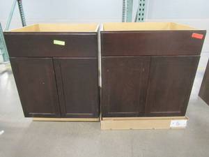 lot 134 image: Pair of Hampton Bay Shaker Assembled Base Kitchen Cabinets with Ball-Bearing Drawer Glides in Java.