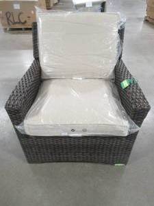 lot 151 image: Threshold Halsted All-Weather Wicker Outdoor Patio Club Chair With Tan Cushions, 009-00-5412.