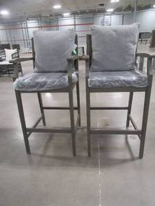 lot 159 image: Noble House Perla Grey Wood Outdoor Bar Stool with Grey Cushion (2-Pack), 53023.