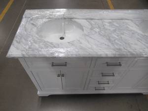 lot 259 image: Home Decorators Collection Melpark 60 in. W x 22 in. D Bath Vanity in White with Cultured Marble Vanity Top in White with White Sink Melpark 60W
