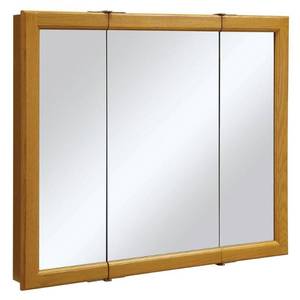 lot 242 image: Design House Claremont 36 in. W x 30 in. H x 4-34 in. D Framed Tri-View Bathroom Medicine Cabinet in Honey Oak.