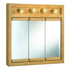 lot 243 image: Design House Richland 30 in. W x 30 in. H x 5 in. D Framed 4-Light Tri-View Surface-Mount Bathroom Medicine Cabinet in Nutmeg Oak.