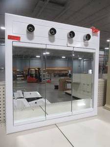 lot 233 image: Design House Concord 30 in. x 30 in. 4-Light Tri-View Surface-Mount Medicine Cabinet in White Gloss. - Slight Crack in front.