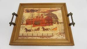 lot 9 image: Framed Picture Of Horses Pulling Sleighs With An Antique Store & Farm Buildings In Background