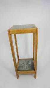 lot 13 image: Wooden Table With Top And Lower Light Green Ceramic Tile With Floral Design On It To Display Flowers Or Whatever On