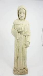 lot 14 image: Cement Garden Statue Of St. Francis Of Assisi Holding A Bird In One Hand
