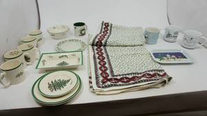 lot 23 image: Miscellaneous Christmas Dinnerware & Two Candy Trays & One Table Cloth