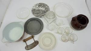 lot 56 image: A Variety Of Glass Dishes & A Vintage Blade Dough Or Pastry Cutter W Wood Handle
