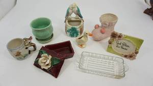 lot 58 image: Six Flower Containers--Glass Relish Dish--Burgundy Trinket Container W Cover