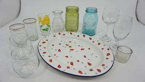 lot 60 image: Enamel Oval Serving Platter-Ball Perfect Mason Fruitjar-Green Jordan Fruit Jar-Nine Glass Items