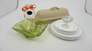 lot 65 image: Superstone Covered Baker By Sassafras--Quart Size Ball Perfect Mason Jar--One Glass Dessert Dish--Green Plastic Serving Bowl--White Plastic DishesPlastic