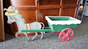 lot 70 image: Wooden Painted Donkey Pulling A Wooden Cart On Wheels