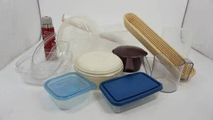 lot 73 image: Miscellaneous Tupperware & Plastic Containers-Wooden Bread Tray-Roll Of Contact Paper-Drink Cup
