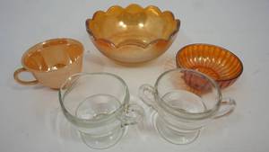 lot 79 image: Glass Sugar & Creamer Set--Vintage Amber Glass Bowl--Vintage Amber Coffee Cup--Vintage Sauce Dish