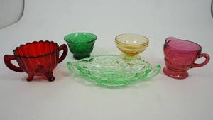 lot 80 image: Vintage Amber Ice Cream Dessert Dish-Vintage Lime Green Relish Dish-Vintage Green Sauce Dish-Vintage Red Georgian Glass Sugar Bowl-Vintage Depression Pink Rose Glass Creamer