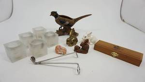 lot 82 image: Five Glass Votive Cups--Four Rabbit Display Items-Pheasant Flower Planter-Wooden Blackfeet Indian Storage Box-Wood Wick Clean CutCandle Wick Trimmer