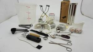 lot 83 image: Pampered Chef One Valtrompia Bread Tube-Flower-Baking Cups-Jelly Jar WCover-Miscellaneous Spoons-Sequre-Grip Lifter-Cheese Grater
