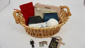 lot 87 image: Two Handled Wicker Basket W Miscellaneous Coin Purses--A Couple Of Cross Items--White Knitting Thread & Two Knitting Needles