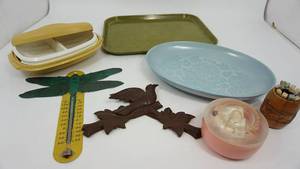 lot 104 image: Tupperware Divided Vegetable Dish WCover--Dragon Fly Indoor Thermometer--Container With Buttons In It--Outdoor Patio Bird  Decor--Light Blue Glass Serving Platter--Camtray Serving Tray--Small Barrell Filled With Ten Picks