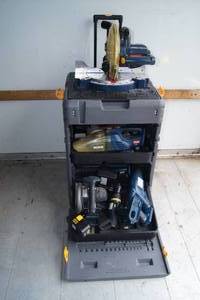 lot 52 image: Ryobi 18V Cordless Tool Kit - Miter Saw, Drill, Circular