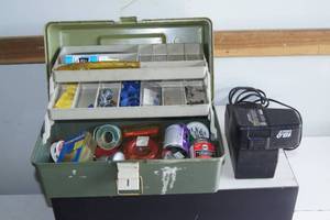 lot 72 image: Toolbox with Plumbing Supplies - Craftsman 18V Battery and Charger