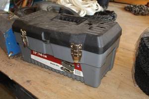 lot 842 image: Stack-On Plastic Tool Box 19L  with Small Vise, C-Clamp, Drill Bit, Misc. Hardware