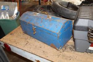 lot 843 image: Metal Tool Box  with Wire Strippers, Fuses, Soldering Iron, Misc. Electrical Supplies