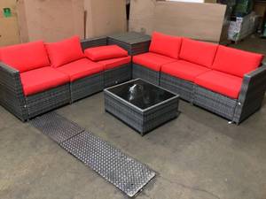 lot 14 image: 8-Piece Rattan Sofa Sectional Patio Conversation Furniture Set with Red Cushion by Unbranded
