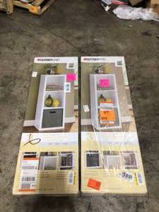 lot 29 image: Lot of 2 44 in. H x 16 in. W x 14 in. D White Wood Look 3-Cube Storage Organizer by ClosetMaid Customer Returns See Pictures