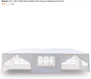 lot 10 image: Winada 10 ft. x 30 ft. White Party Wedding Tent Canopy 6 Sidewall and 2-Doors. Missing Pieces. See Pictures