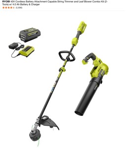 lot 19 image: RYOBI 40V Cordless Battery Attachment Capable String Trimmer and Leaf Blower Combo Kit (2-Tools) w 4.0 Ah Battery & Charger. See Pictures