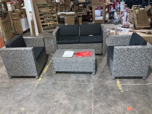 lot 55 image: Noble House Fernanda Dark Gray 8-Piece Wicker Patio Conversation Set with Mixed Black Cushions