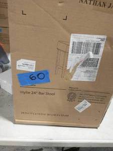 lot 60 image: NATHAN JAMES Hylie 24 in. Dark Gray PU Leather Nailhead Saddle Cushion White Wood Pub-Height Counter Bar Stool