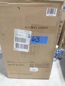 lot 63 image: NATHAN JAMES Hylie 24 in. Dark Gray PU Leather Nailhead Saddle Cushion White Wood Pub-Height Counter Bar Stool
