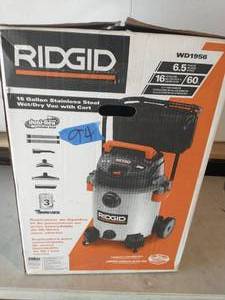 lot 94 image: RIDGID 16 Gal. 6.5-Peak HP Stainless Steel WetDry Shop Vac with Fine Dust Filter, 7 ft. Hose, 10 ft. Pro Hose and Accessories