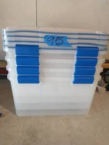 lot 95 image: WEATHERTIGHT 44 Qt. Storage Box in Clear with Blue Buckles (4-Pack)