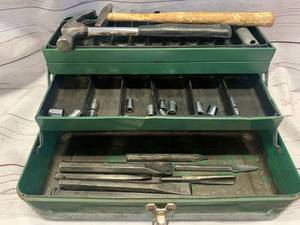 lot 1 image: Tackle Box Full of Japanese Sockets, Chisels & Two Hammers