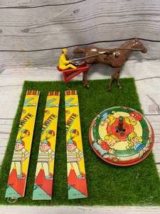 lot 16 image: Vintage Japanese Parachute Toys, Tin Top, Wolverine Horse Racing Toy