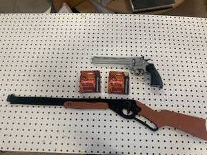 lot 110 image: Custom Steel Shotgun, 8 CO2 Canisters, Air Pistol (missing part)