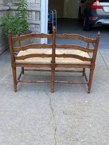 lot 174 image: Wood bench with woven rattan seat