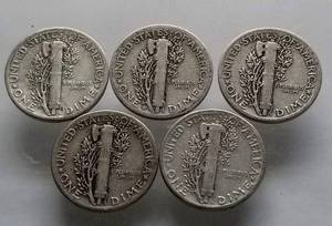 GROUP OF 5 US MERCURY SILVER DIMES
